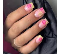 Square French Tips Fake Nails Glues On Stick Flower Press Artificial False For Womens Nail Coffin Almond French Tip Nail
