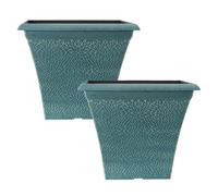 Square Garden Patio Planters, Indigo Green Floral Design, 2 x 36cm Plastic Pots