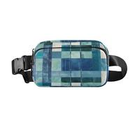 Square Geometric Plaid Stripe Embroidery Robin Blue Fashion Waist Bag Fanny Pack for Men Women Large Capacity Crossbody Shoulder Bag with Adjustable Strap for Workout Running Hiking, Square Geometric