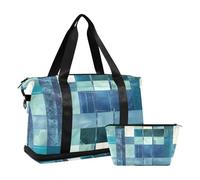 Square Geometric Plaid Stripe Embroidery Robin Blue Gym Bag Large Carry On Airport Bag with Adjustable Strap for Workout Multifunctional, Square Geometric Plaid Stripe Embroidery ,robin blue, One Size