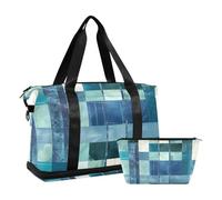 Square Geometric Plaid Stripe Embroidery Robin Blue Gym Sports Duffel Bags Gym Carry on Duffel Bags with Adjustable Strap for Trekking 2 Pcs Set, Square Geometric Plaid Stripe Embroidery ，robin blue,