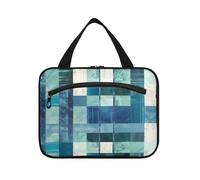 Square Geometric Plaid Stripe Embroidery Robin Blue Hanging Travel Toiletry Bag for with Hook, Designer Portable Cosmetic Organizer for Cruise Travel Backpacking bolso para maquillaje