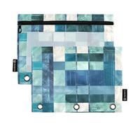 Square Geometric Plaid Stripe Embroidery Robin Blue Large Pencil Pouches with Clear Window Pencil case Big Capacity 3 Rings Binder School Class Office Organizers Multicolored 2 PCS