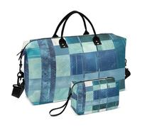 Square Geometric Plaid Stripe Embroidery Robin Blue Overnight Travel Duffel Bag Shoulder Weekender Overnight Bag Gym Sports Duffel Bags with Toiletry Bag for Hiking Foldable, Square Geometric Plaid