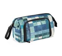 Square Geometric Plaid Stripe Embroidery Robin Blue Pencil Bags Large Capacity Girl Pencil Case with Handle for Adults School Supply estuches para lapiceros