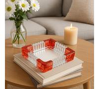 Square Glass Ashtray 15x15cm - Heavy Crystal Style Decorative Ash Tray with Red Clear Design, Deep Basin, Cigarette Holder Grooves, Luxury Table & Home Bar Accessory