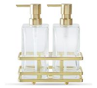 Square Glass Clear Lotion and Soap Pump Dispenser Set with Metal Stand Caddy for Bathroom Bath Kitchen Home Office Travel Hotel Hand Crafted Heavy Weight (Brushed Gold)