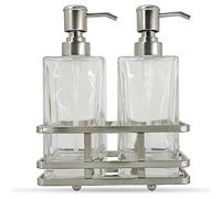 Square Glass Clear Lotion and Soap Pump Dispenser Set with Metal Stand Caddy for Bathroom Bath Kitchen Home Office Travel Hotel Hand Crafted Heavy Weight