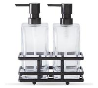 Square Glass Clear Lotion and Soap Pump Dispenser Set with Metal Stand Caddy for Bathroom Bath Kitchen Home Office Travel Hotel Hand Crafted Heavy Weight (Oil Rubbed Bronze)