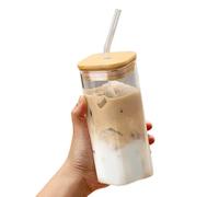 Square Glass Cup with Lids and Straws, Portable Drinking Clear Tumblers 400ml/14oz, Heat Resistant Transparent Milk Tea Juice Cups Coffee Mug for Home Bar Drinkware (B)