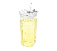 Square Glass Cups, Square Glass Drinking Tumbler with Lid and Straws, Transparent Beverage Cup, for Coffee Milk Juice Desk Kitchen Office Travel Home Party Bedroom