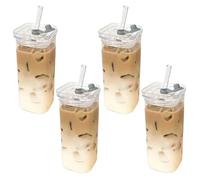 Square Glass Cups with Lids and Straws 4Pcs 400ml 2x5in Square Drinking Glass Temperature Resistant Water Bottles for Coffee, Juice, Beverage