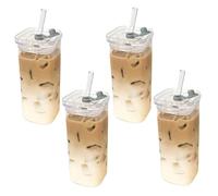 Square Glass Cups with Lids and Straws, 4Pcs Temperature Resistant Drinking Glasses, 400ml Reusable Beverage Glasses for Home & Cafe