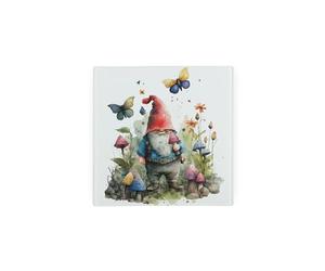 Square Glass Worktop Saver - Watercolour Painted Garden Gnome and Flowers - Hot Pot Stand Kitchen Chopping/Cutting Board Worktop Protector with Non-Slip Feet 20cm x 20cm (8" x 8")