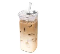 Square Glassware - Clear Drinking Tumblers, Box Shape, Leak Proof Rubber Gasket, Iced Latte Vessel Container, Modern Beverage, 16oz Set of Four for Home Bistro Cafe Juice Tasting
