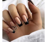 Square Glossy Press On Nails - Short Medium Length Full Coverage Fake Nails with Nude Pink Base, Bold Black French Tip & Heart Accent, 12 Sizes Kit for Women Glossy Tips, Modern Minimalist