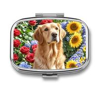 Square Golden Retriever and Flowers Pill Organizer Pill Box 3 Compartment Portable Travel Medicine Case Daily Mini Compact Medicine Container Storage Vitamin Supplement Dispenser