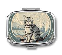 Square Gray Tabby Cat Pill Box Small Pill Case with 2 Compartment Portable Metal Medicine Organizer Mini Travel Medicine Vitamin Supplement Container for Pocket Purse