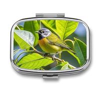 Square Green Leaves and Birds Pill Organizer Pill Box 3 Compartment Portable Travel Medicine Case Daily Mini Compact Medicine Container Storage Vitamin Supplement Dispenser