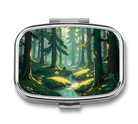 Square Green Wilderness Pill Box Small Pill Case with 2 Compartment Portable Metal Medicine Organizer Mini Travel Medicine Vitamin Supplement Container for Pocket Purse