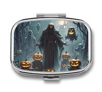 Square Grim Reaper Pill Box Small Pill Case with 2 Compartment Portable Metal Medicine Organizer Mini Travel Medicine Vitamin Supplement Container for Pocket Purse