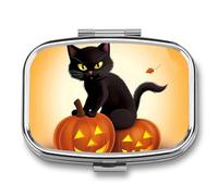 Square Halloween Black Cats Pumpkin Pill Box Small Pill Case with 2 Compartment Portable Metal Medicine Organizer Mini Travel Medicine Vitamin Supplement Container for Pocket Purse