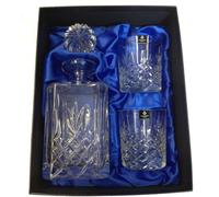 Square Hand Cut Lead Crystal Decanter and Pair of Old Fashioned Whisky Glasses in Silk Lined Presentation Box