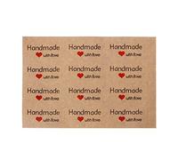 Square Handmade with Love Stickers 12Pcs Adhesive Labels Kraft Paper with Red Hearts Decorative Sealing Stickers Clear