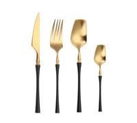 Square Head Slim Waist Handle Kitchen Stainless Steel Silverware Tableware Flatware Cutlery Set Steak Knife Fork Spoon Teaspoon (Black Gold,4 Pieces)