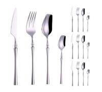 Square Head Slim Waist Handle Kitchen Stainless Steel Silverware Tableware Flatware Cutlery Set Steak Knife Fork Spoon Teaspoon (Shiny Silver,16 pieces)