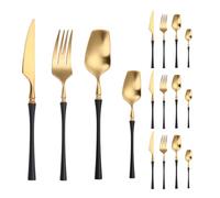 Square Head Slim Waist Handle Kitchen Stainless Steel Silverware Tableware Flatware Cutlery Set Steak Knife Fork Spoon Teaspoon (Black Gold,16 pieces)