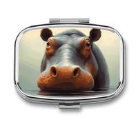 Square Hippo Pill Box Small Pill Case with 2 Compartment Portable Metal Medicine Organizer Mini Travel Medicine Vitamin Supplement Container for Pocket Purse