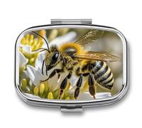 Square Honey Bee Pill Box Small Pill Case with 2 Compartment Portable Metal Medicine Organizer Mini Travel Medicine Vitamin Supplement Container for Pocket Purse