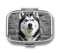 Square Husky Dog Pill Box Small Pill Case with 2 Compartment Portable Metal Medicine Organizer Mini Travel Medicine Vitamin Supplement Container for Pocket Purse