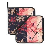 Square Insulated Pot Mat Set of 2 HJFCZH Bamboo and cherry blossoms Prints Waterproof & Thickened with Lanyard Design, Easy Clean Fabric for Kitchen, Oven & BBQ