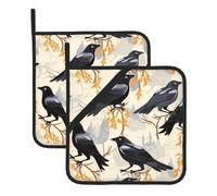 Square Insulated Pot Mat Set of 2 HJFCZH Crow Birds Prints Waterproof & Thickened with Lanyard Design, Easy Clean Fabric for Kitchen, Oven & BBQ