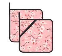 Square Insulated Pot Mat Set of 2 HJFCZH Delicate Cherry Blossoms Prints Waterproof & Thickened with Lanyard Design, Easy Clean Fabric for Kitchen, Oven & BBQ