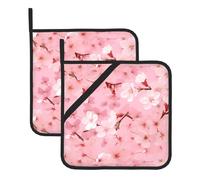 Square Insulated Pot Mat Set of 2 HJFCZH Pink Cherry Blossoms Prints Waterproof & Thickened with Lanyard Design, Easy Clean Fabric for Kitchen, Oven & BBQ