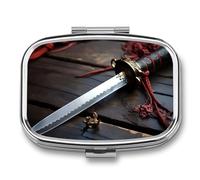 Square Japan Samurai Sword Pill Box Small Pill Case with 2 Compartment Portable Metal Medicine Organizer Mini Travel Medicine Vitamin Supplement Container for Pocket Purse