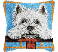 Square Latch Hook Kits Pillow Cover Westie Dog DIY Cushion Cross Stitch Crochet Hook Pillowcase Making Kits Color Preprinted Pattern Canvas Cushion DIY Kits 17x17inch (207)