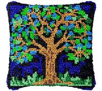 Square Latch Hook Kits Pillow Green Life Tree DIY Cushion Tapestry Making Crochet Hook Rug Making Kits Color Preprinted Pattern Canvas Cushion DIY Arylic Yarn Hooking Kits Rug Hooking 17x17inch