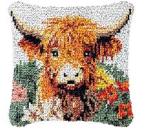 Square Latch Hook Kits Rug DIY Little Flower Highland Cow Cushion Tapestry Making Crochet Hook Rug Making Kits Color Preprinted Pattern Canvas Cushion DIY Arylic Yarn Hooking Kits Rug Hooking 40x40CM