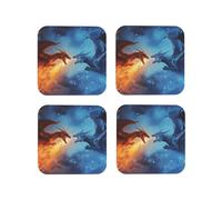 Square Leather Coasters Set of 4 - Lightweight Red and Blue Fire Dragon A Drink Coasters for Desk, Anti-Scalding Desk Cup Coasters for Office Table Decor