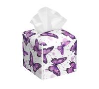 Square Leather Tissue Box Cover, Dreamy Purple Butterfly Tissue Holder Square Tissue Cube Box Organizer for Home Office Car Hotel Restaurant 5.2"x5.2"x5.2"