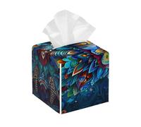 Square Leather Tissue Box Cover Holder Waterproof Animal Owl Boho Psychedelic Facial Paper Organizer with Bottom Belt Cube Tissue Case for Tabletop Bathroom Office Desk Car Decorative
