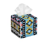 Square Leather Tissue Box Cover Holder Waterproof Aztec Ethnic Stripe Facial Paper Organizer with Bottom Belt Cube Tissue Case for Tabletop Bathroom Office Desk Car Decorative