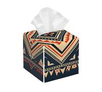 Square Leather Tissue Box Cover Holder Waterproof Boho Ethnic Aztec Retro Facial Paper Organizer with Bottom Belt Cube Tissue Case for Tabletop Bathroom Office Desk Car Decorative