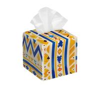 Square Leather Tissue Box Cover Holder Waterproof Ethnic Aztec Stripe Facial Paper Organizer with Bottom Belt Cube Tissue Case for Tabletop Bathroom Office Desk Car Decorative