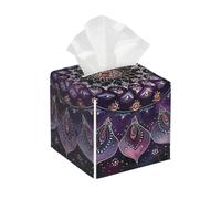 Square Leather Tissue Box Cover Holder Waterproof Ethnic Mandala Flower Purple Facial Paper Organizer with Bottom Belt Cube Tissue Case for Tabletop Bathroom Office Desk Car Decorative