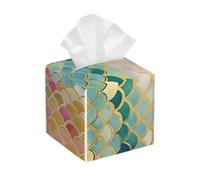 Square Leather Tissue Box Cover Holder Waterproof Fish Scales Colorfu Facial Paper Organizer with Bottom Belt Cube Tissue Case for Tabletop Bathroom Office Desk Car Decorative